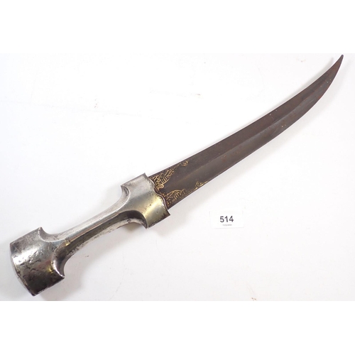 514 - An Eastern curved dagger with white metal handle and gilt script inlaid to blade, 48cm