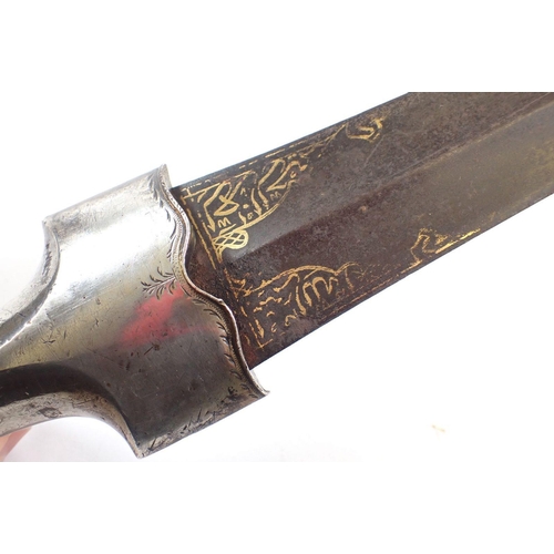 514 - An Eastern curved dagger with white metal handle and gilt script inlaid to blade, 48cm