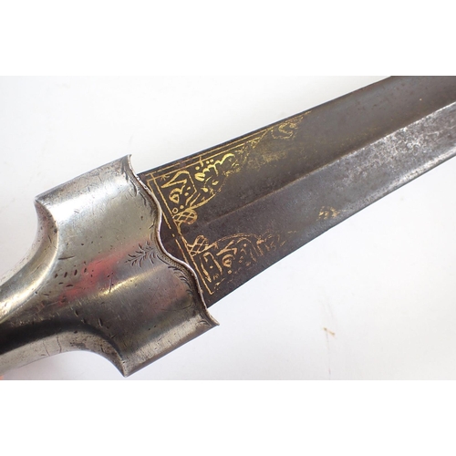 514 - An Eastern curved dagger with white metal handle and gilt script inlaid to blade, 48cm