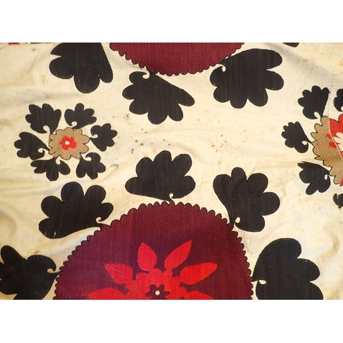 531 - A large Usbek tribal Susani bed cover 280 x 320 approx. (some staining)