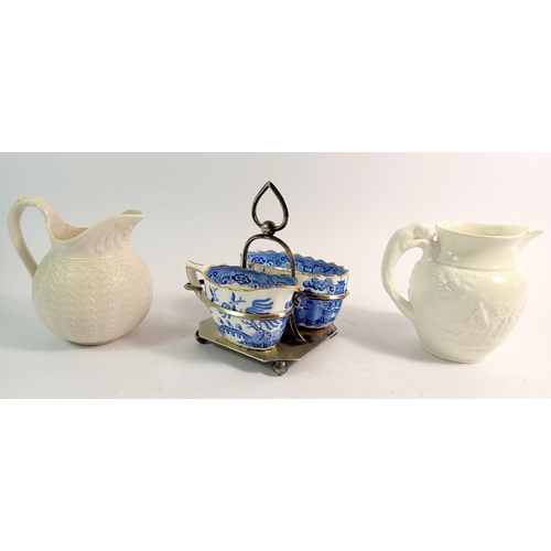 54 - A silver plate and blue and white china cream and sugar stand, a Wedgwood jug and a Cobridge press m... 