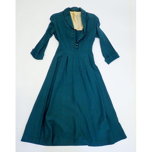 557 - A vintage green day dress and two green velvet evening coats