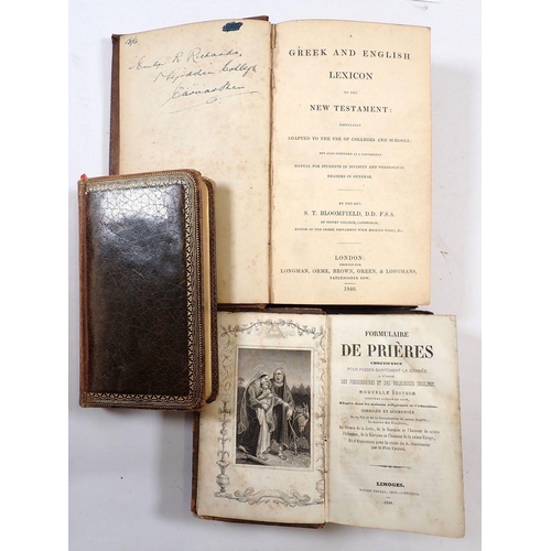 603 - A Greek & English Lexicon by Rev S T Bloomfield 1840 and two antique French prayer books - all leath... 