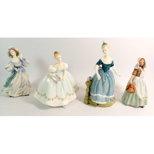 63 - Four Royal Doulton figures: The Milkmaid HN2057 1949, Clarinda HN2724 1974, First Dance HN2803 1976 ... 