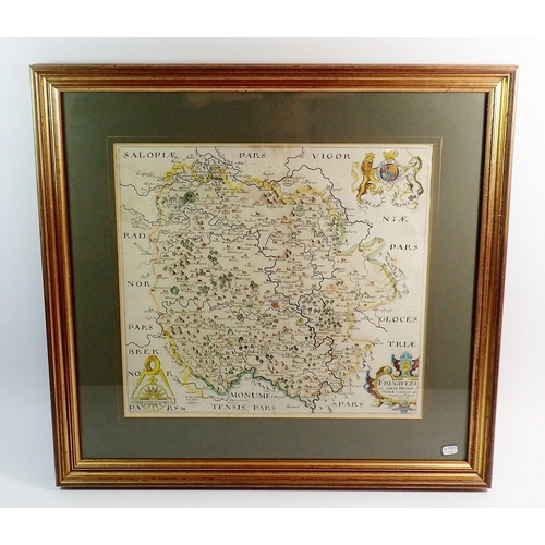 650 - A 17th century Saxton map 'Frugiferi' with Royal Arms, 29 x 30cm