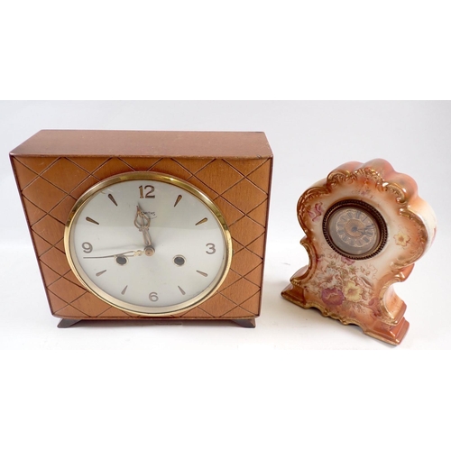 663 - A Smiths vintage striking mantel clock, 20cm tall and a floral painted china clock