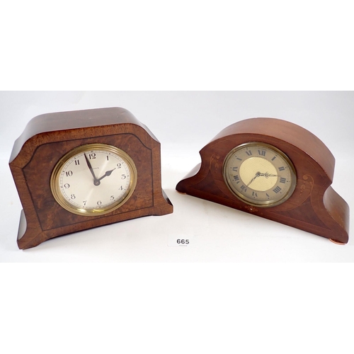 665 - An Edwardian mahogany 8 day mantel clock, 13cm tall and a 1930's walnut 8 day mantel clock