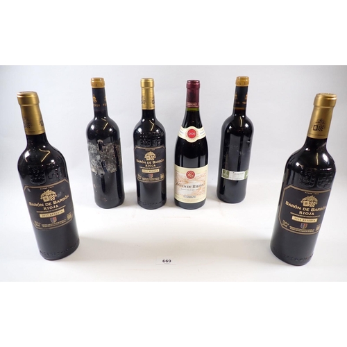 669 - Three bottles of Baron de Barbon Rioja wine 2017 , two other bottles of Rioja and one bottles of Gui... 