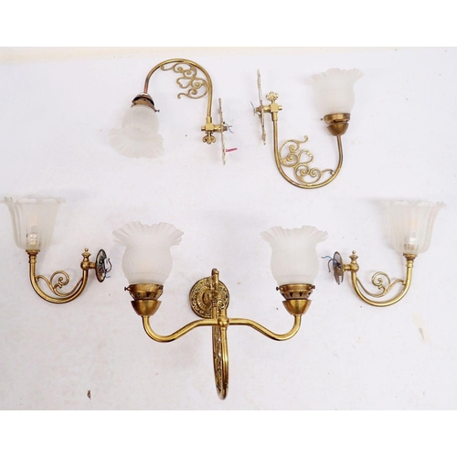 675 - Three brass scrollwork and etched glass Christopher Wray wall lights (one with double light fitting)... 