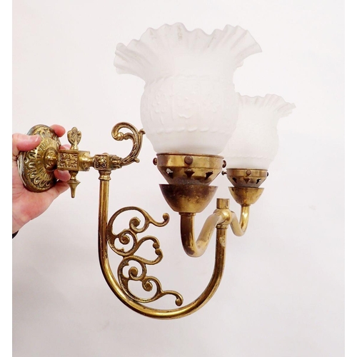 675 - Three brass scrollwork and etched glass Christopher Wray wall lights (one with double light fitting)... 