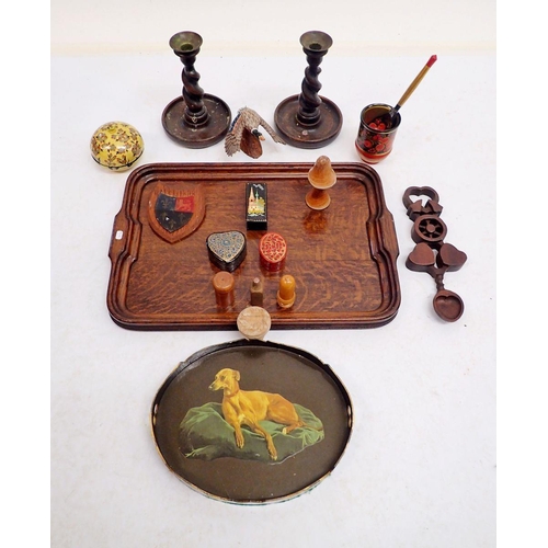 676 - A collection of wooden items including tray, candlesticks, butter mould etc.