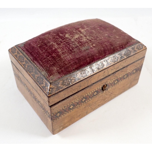 687 - A Victorian Tunbridgeware banded box with pin cushion top, 11.5 x 7.5 x 7cm