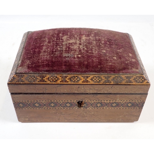 687 - A Victorian Tunbridgeware banded box with pin cushion top, 11.5 x 7.5 x 7cm