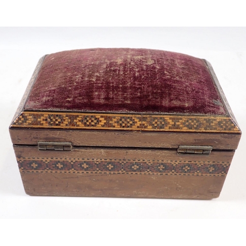 687 - A Victorian Tunbridgeware banded box with pin cushion top, 11.5 x 7.5 x 7cm