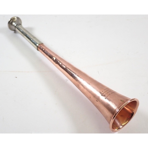 694 - A copper and silver plated hunting horn by Swaine & Adeney, Kohler & Son, 23cm