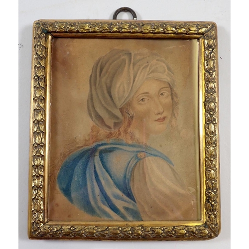 699 - A watercolour miniature portrait of a woman in Middle Eastern attire, gilt laurel leaf frame, 10.5 x... 