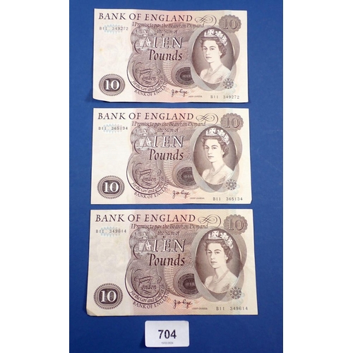 704 - Three Bank of England ten pound notes J B Page chief cashier, 1970-1975