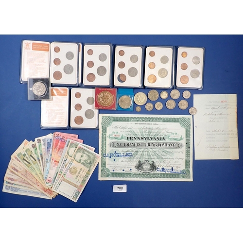 708 - A group of coins, banknotes and certificate including George V silver threepence 1922, one shilling ... 