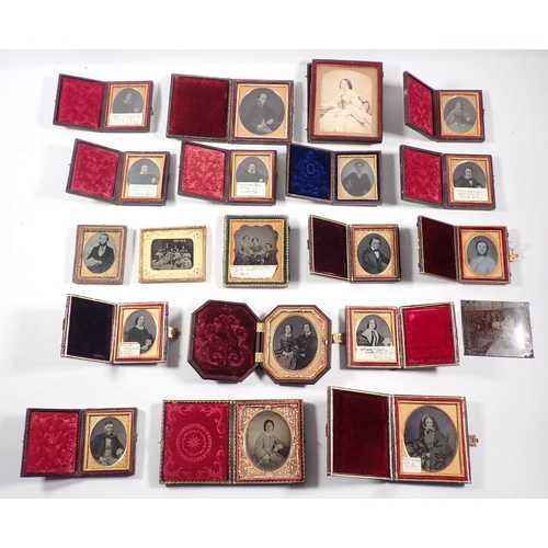 710 - A box of Victorian daguerreotypes in leather cases plus one in early pressed plastic case