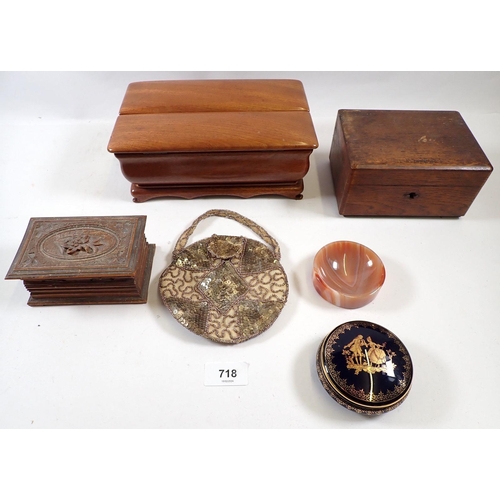 718 - Three wooden boxes, agate pin dish and a sequined evening bag