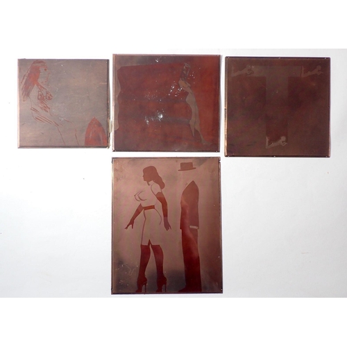 725 - Four various copper etched printing plates - figurative and nude subjects, larges 22.5 x 18cm