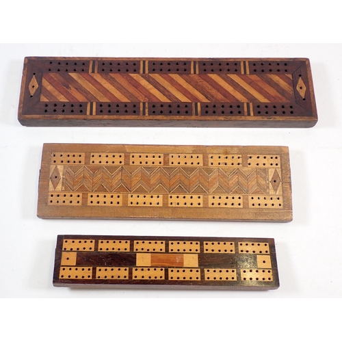 728 - Three marquetry and Tunbridgeware cribbage boards, largest 34.5cm