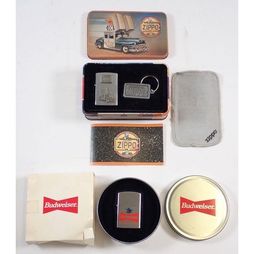 734 - A Zippo car lighter, boxed 'Bradford PA' plus a Hudson Budweiser lighter in tin