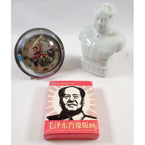 736 - A Chinese Mao ceramic bust 16cm tall, plus Mao clock and playing cards