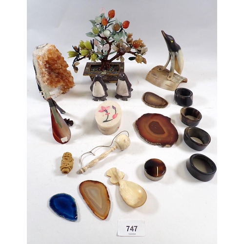 747 - A box of collectables including crystal quartz, agate mandolin, horn napkin rings etc.