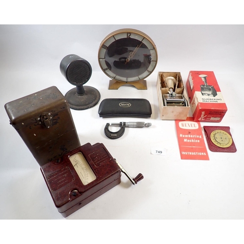 749 - A box of collectables including an antique cast microphone No 6777 The 'Wee-Megger Tester' etc.