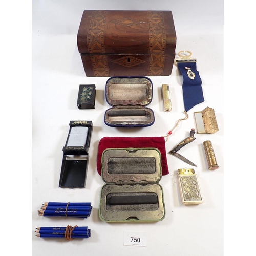 750 - A Victorian Tunbridgware box and various collectables including lighters, lipsticks, vintage Tupperw... 