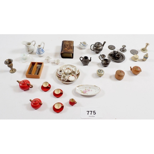 775 - A quantity of dolls house vintage and older ceramics and pewter teaware, cutlery etc.