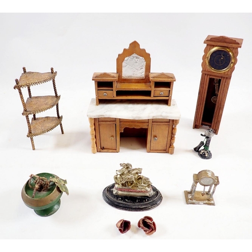 776 - A group of dolls house furniture and accessories to include marble topped sideboard, longcase clock,... 