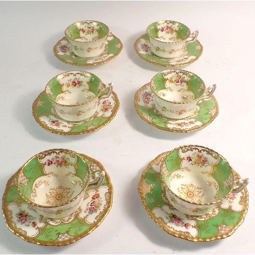 78 - A Coalport set of six small floral tea cps and saucers on green ground