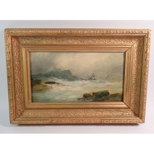 795 - A Victorian oil on panel coastal scene with rough seas and sailing boat 28x15.5cm