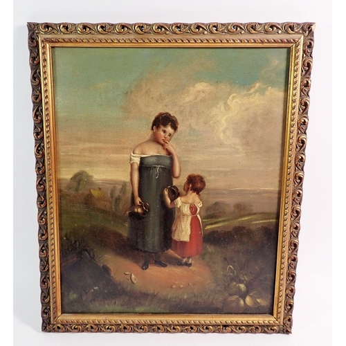 796 - An early Victorian oil on panel mother and child in landscape, 29 x 24.5cm