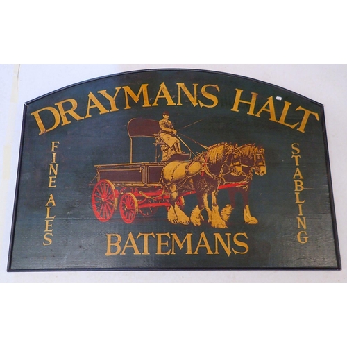 816 - A large reproduction printed wood pub sign 'Drayman's Halt, Batemans' 93 x 62cm