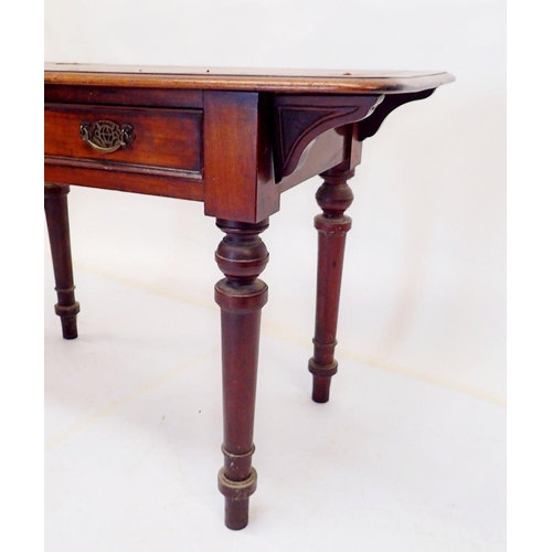 828 - A Victorian mahogany side table with leather inset top, frieze drawer and turned supports, 106 x 49 ... 