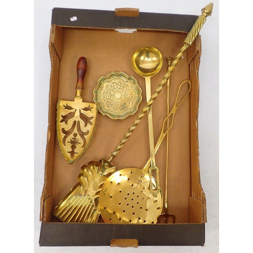 838 - A brass antique iron trivet, card tray, toasting fork etc.