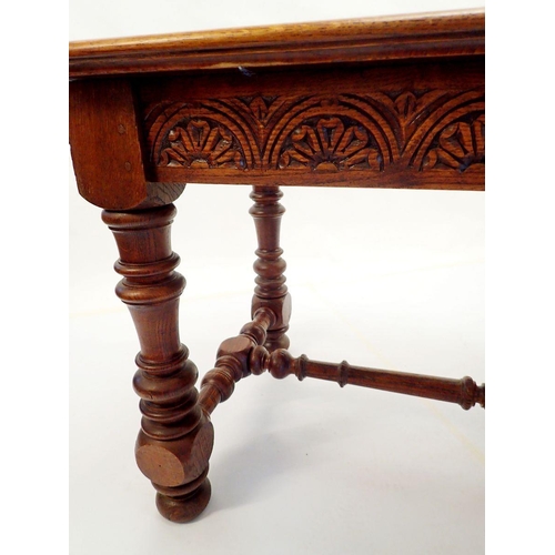 839 - A Victorian elm topped oak dining table in 17th century style with turned legs and carved frieze, 13... 