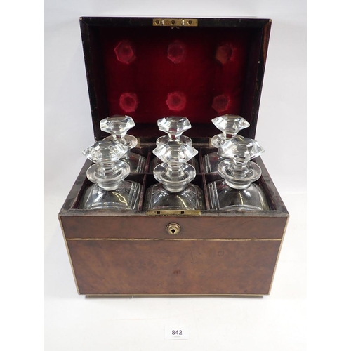 842 - A Victorian Sampson & Mordan walnut and brass bound decanter box containing six matching decanters l... 