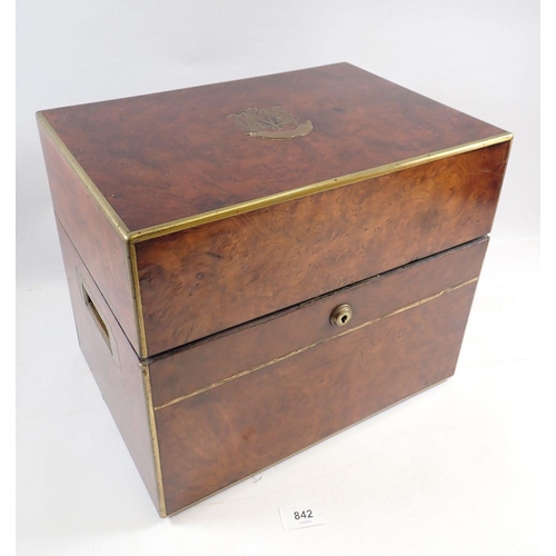 842 - A Victorian Sampson & Mordan walnut and brass bound decanter box containing six matching decanters l... 