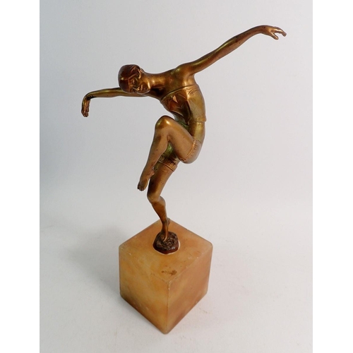 843 - An Art Deco gilt and patinated bronze figure of a dancer in the style of Lorenzl on alabaster plinth... 