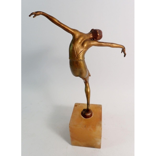 843 - An Art Deco gilt and patinated bronze figure of a dancer in the style of Lorenzl on alabaster plinth... 