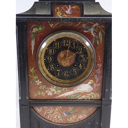 845 - A 19th century Aesthetic Movement black slate mantel clock inset porcelain panels painted birds and ... 