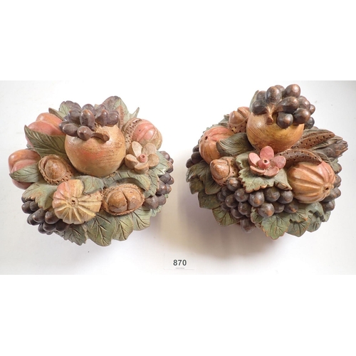 870 - A pair of carved and painted wooden fruit baskets, 18cm tall