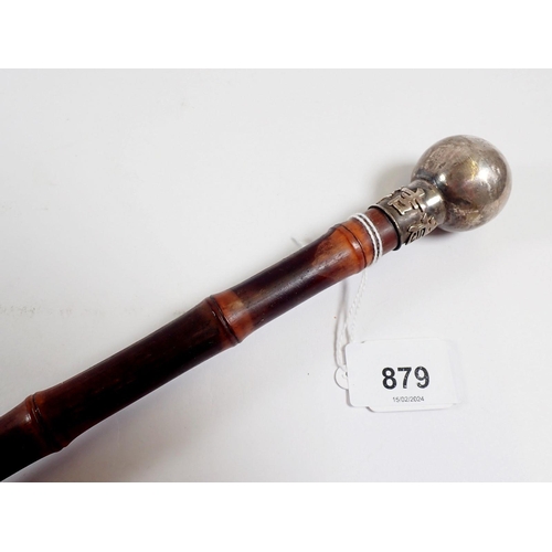 879 - A Chinese silver mounted bamboo walking cane, the spherical handle with Chinese mark and 'WH90'