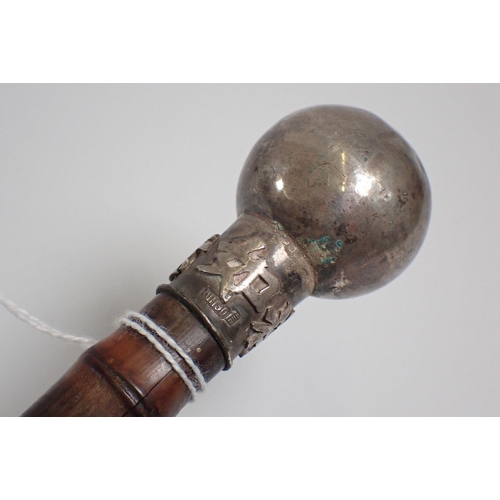 879 - A Chinese silver mounted bamboo walking cane, the spherical handle with Chinese mark and 'WH90'