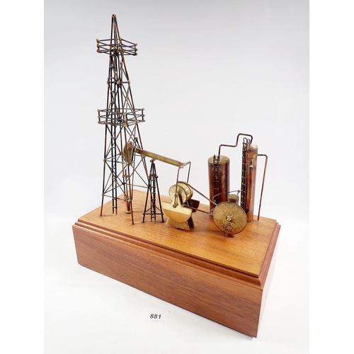 881 - A 1980's copper and brass oil rig sculpture on wooden base by Ken Tatyrek, Oklahoma - signed, 40cm t... 