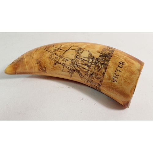 887 - A whales tooth scrimshaw decorated ships, 11cm